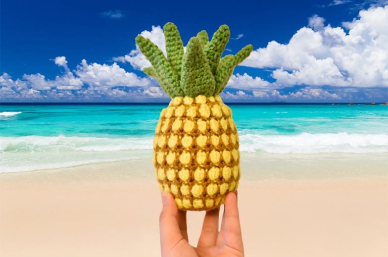 a crochet pineapple with a tropical beach in the background