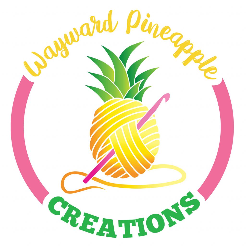 Wayward Pineapple Creations logo, featuring an illustrated pineapple drawn to look like a ball of yarn, with a pink crochet hook stuck through the middle