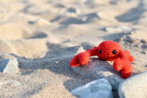 A small crochet crab toy sitting on a rock on a beach