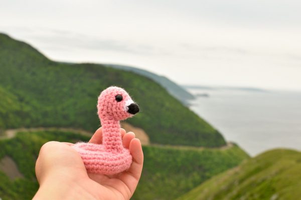 a small crochet flamingo floatie toy held up against a beautiful view of forested hills and ocean