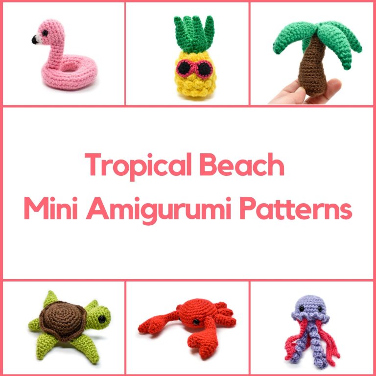 a grid showing 6 different small amigurumi crochet dolls: a flamingo floatie, a pineapple with sunglasses, a palm tree, a sea turtle, a crab, and a jellyfish