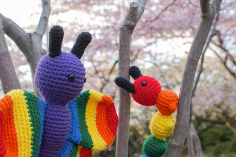 a stuffed crochet butterfly toy and a stuffed crochet caterpillar toy. The caterpillar is sitting on a branch of a cherry blossom tree and the butterfly is hovering behind it. The butterfly has a purple body, black antennae, and rainbow coloured wings. The caterpillar is also made in rainbow colours, with the head and each body segment a different colour of the rainbow