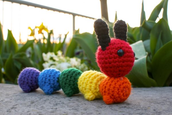 a crochet stuffed caterpillar made in rainbow colours, with the head and each body segment a different colour of the rainbow. The caterpillar is sitting on a in front of some flowers at sunset