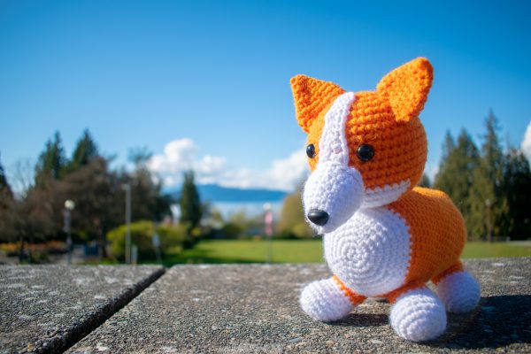 a crochet stuffed corgi dog standing on a wall overlooking a view of ocean and mountains
