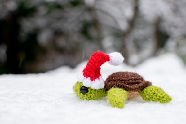 a small crochet sea turtle toy wearing a Santa hat. The turtle is sitting on the snow, with snow-covered trees in the background