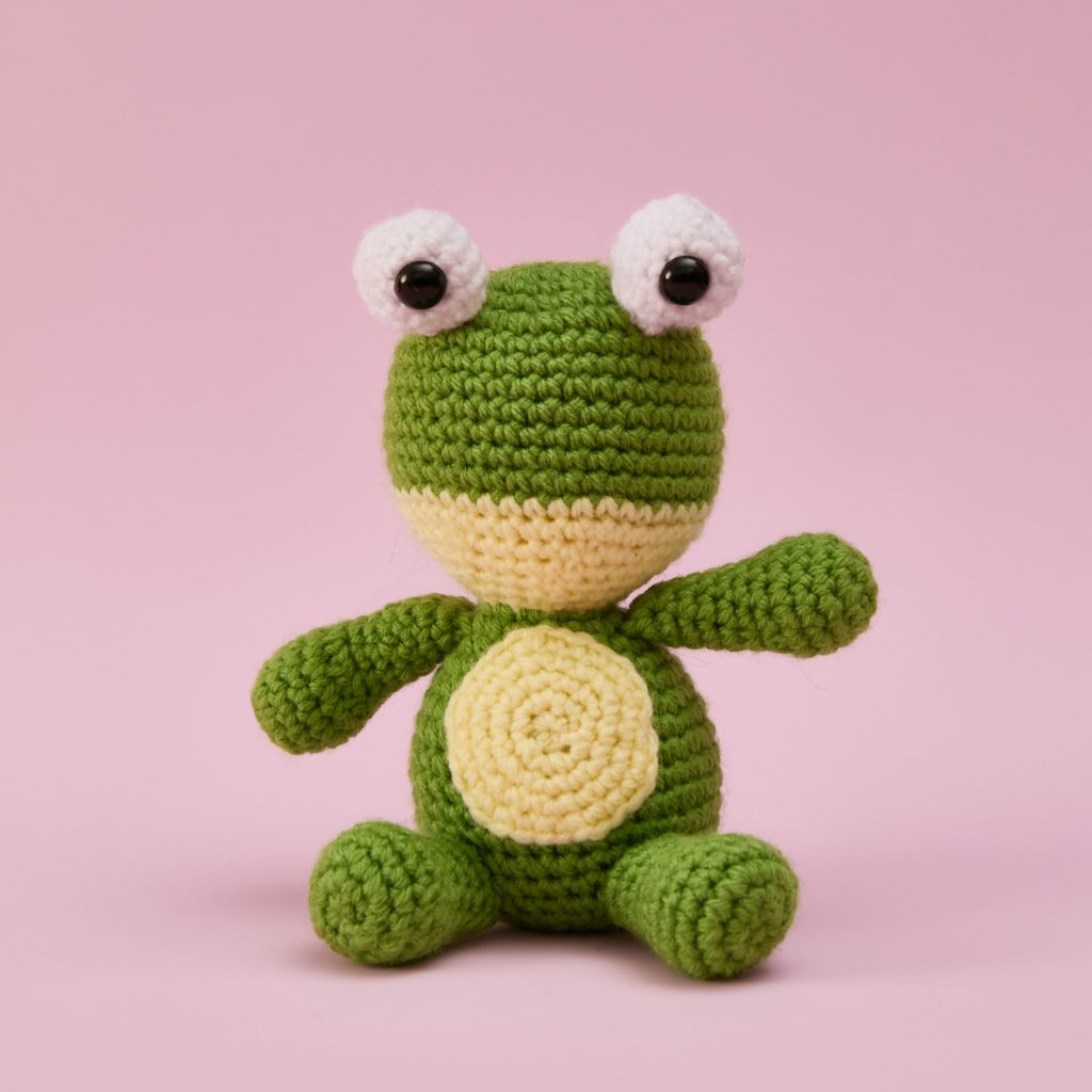 a cute stuffed crochet green frog on a pink background