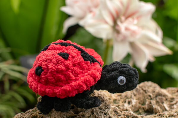 a crochet ladybug toy made from soft chunky chenille yarn, sitting on a rock in front of a flower