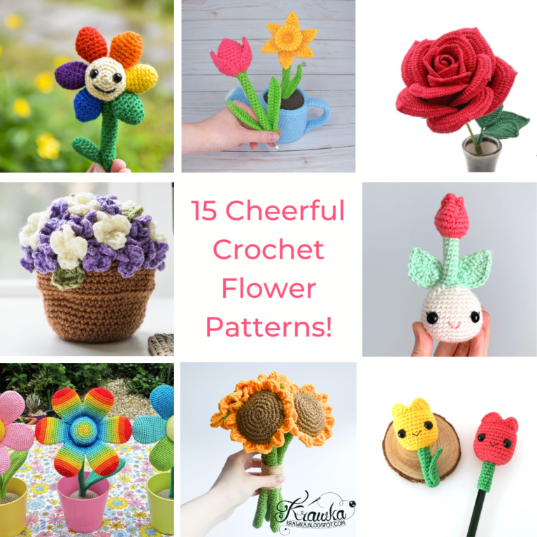 Text: 15 cheerful crochet flower patterns Image shows 8 different crochet flower designs